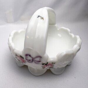 Westmoreland Milk Glass Basket Roses & Ribbon Scalloped Handle Vintage Décor